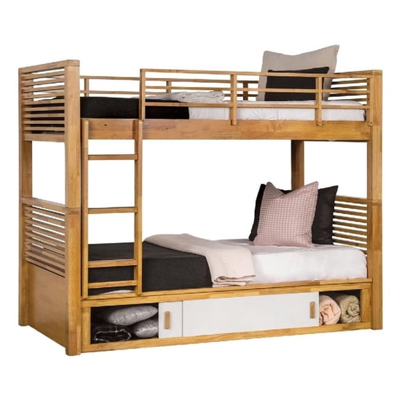Dilu Twin over Twin Bunk Bed-Light Oak Brown Hardwood-Reversible Ladder
