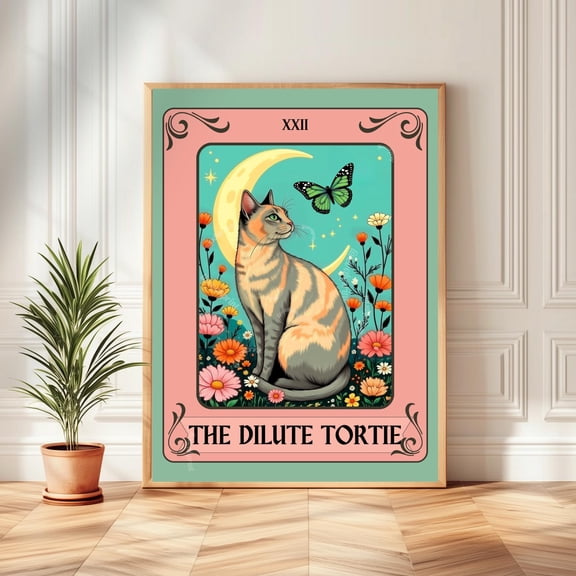 Dilute Tortie Cat Art Print Dilute Tortoiseshell Cat Wall Art Botanical Cat Wall Art Boho Cat Lover Gift Wall Art Dilute Tortie Art Print