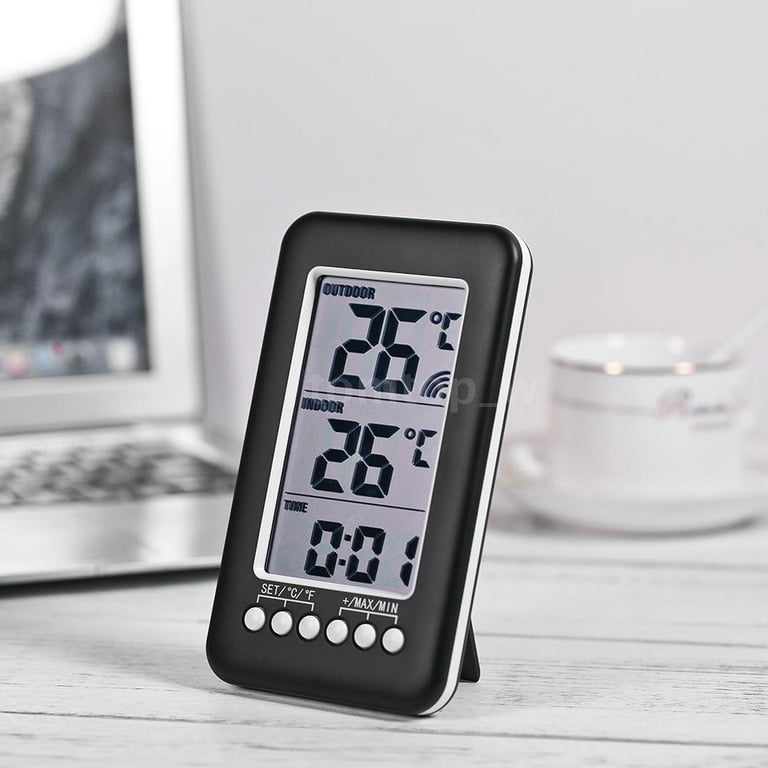 Dilwe LCD Digital Indoor Outdoor Thermometer Clock Temperature Meter Wireless Transmitter, Wireless Thermometer, Digital Temperature Meter, Black