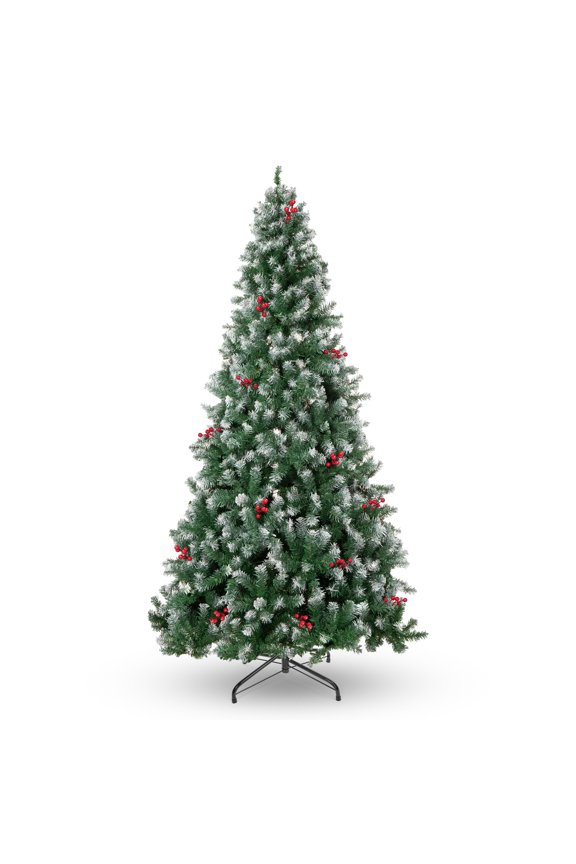 6FT Pre-Decorated Artificial Christmas Tree w/ 800 PVC Branch Tips,  Red Berries for Home Office Party Decoration, Partially Flocked Design Xmas Trees w/ Dense Branches & Metal Stand
