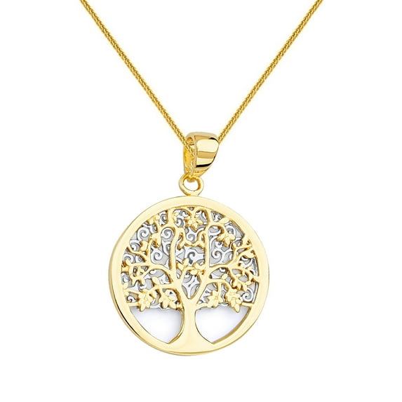 Dimaya Fine Jewelry 14K Two-Tone Gold Unisex Round Tree of Life Pendant with 16" Chain Necklace