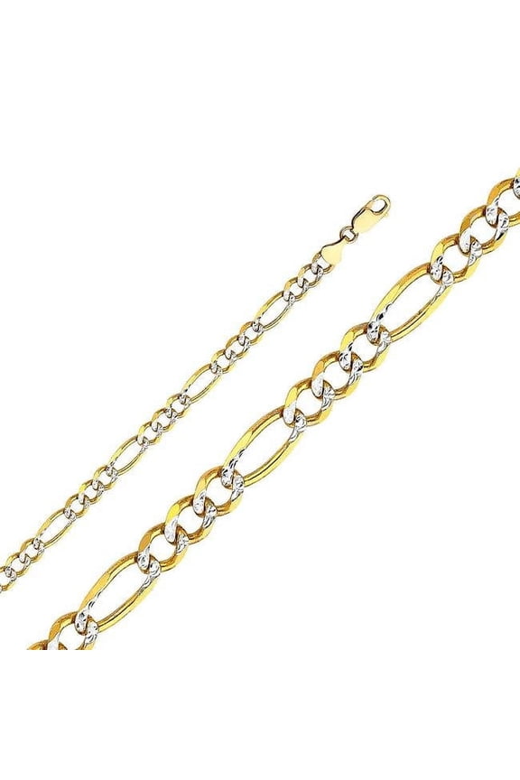 Genuine 14k Two-tone Gold 6mm Wide Pave 3+1 Figaro Chain Necklace for Men and Women - Available in 20" 22" 24" 26"