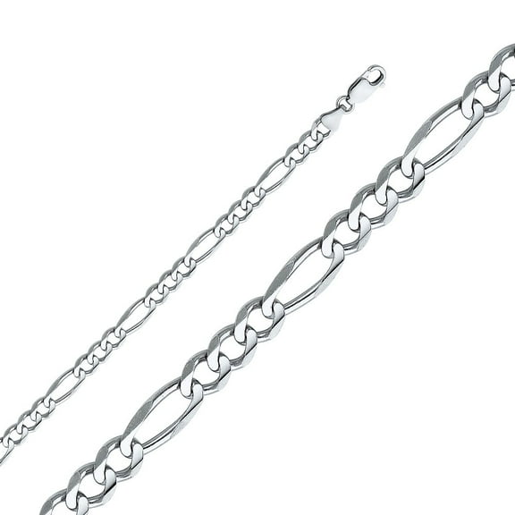 Dimaya Fine Jewelry Genuine 14k White Gold 6mm Wide Concave 3+1 Figaro Chain Necklace for Men and Women - Available in 22" 24" 26"