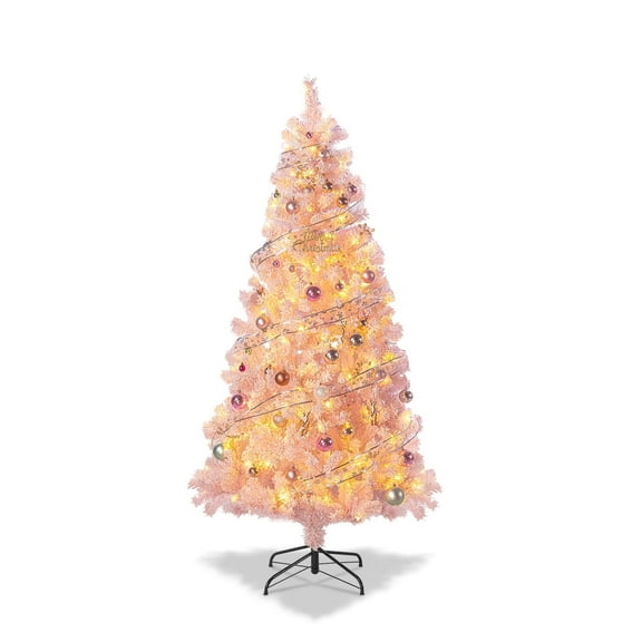 Dimedeal 4.5 FT Pre-lit Artificial Christmas Tree, Snow Flocked Xmas Tree with 100 LED Light Beads, 72 FT String Lights, 400 Branch Tips, Metal Hinges & Foldable Base(Pink)