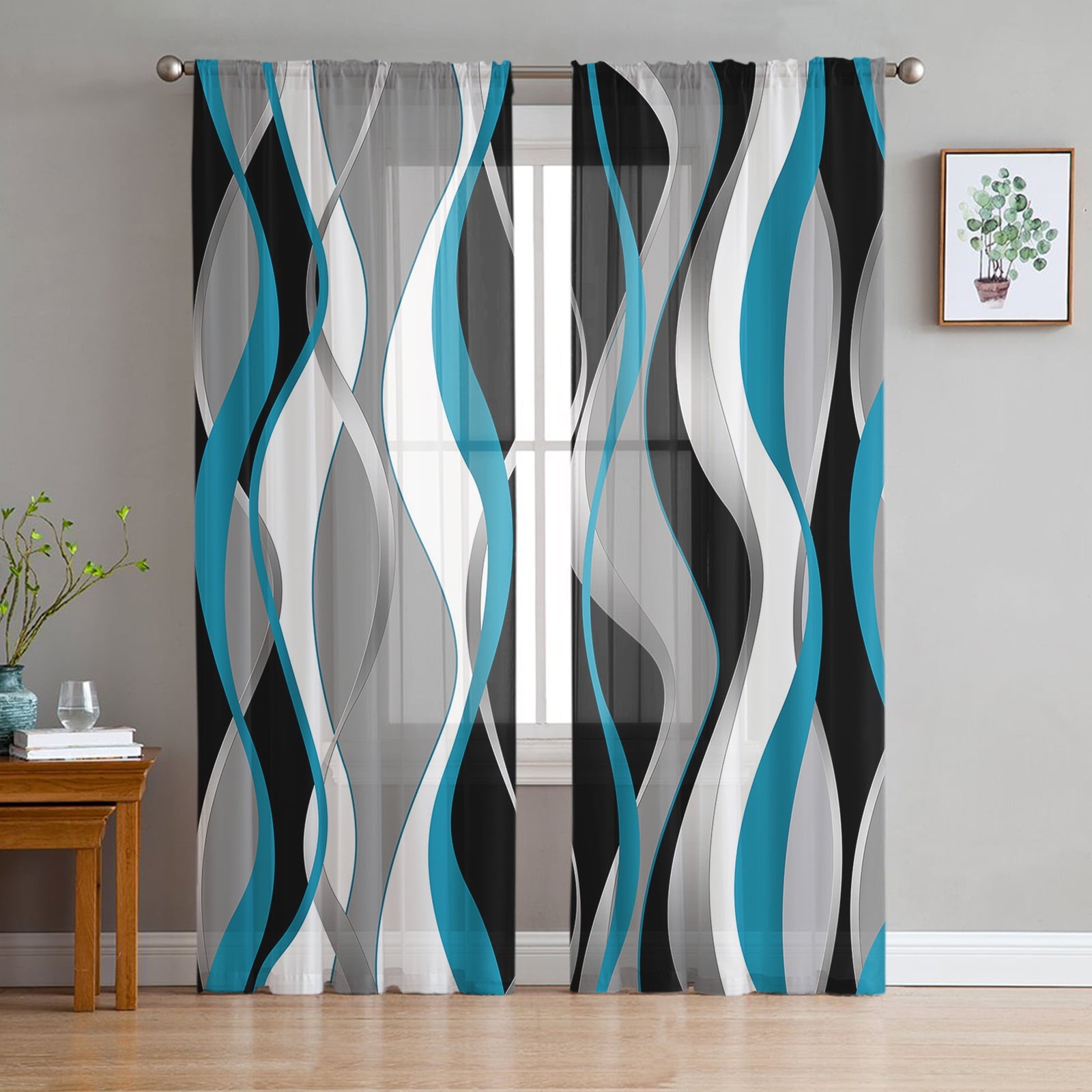 Dimensional Abstract Gradient Turquoise Voile Sheer Curtains Living