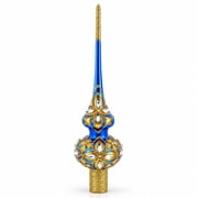 Diamond Stars on Blue and Gold Glass Christmas Tree Topper 11 Inches