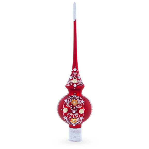 Dimensional Golden Flowers Silver Swirls Red Blown Glass Tree Topper