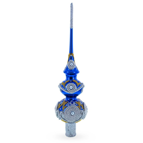 Pearls Twisted Rope Double Ball Blue Blown Glass Tree Topper 12.5 Inches