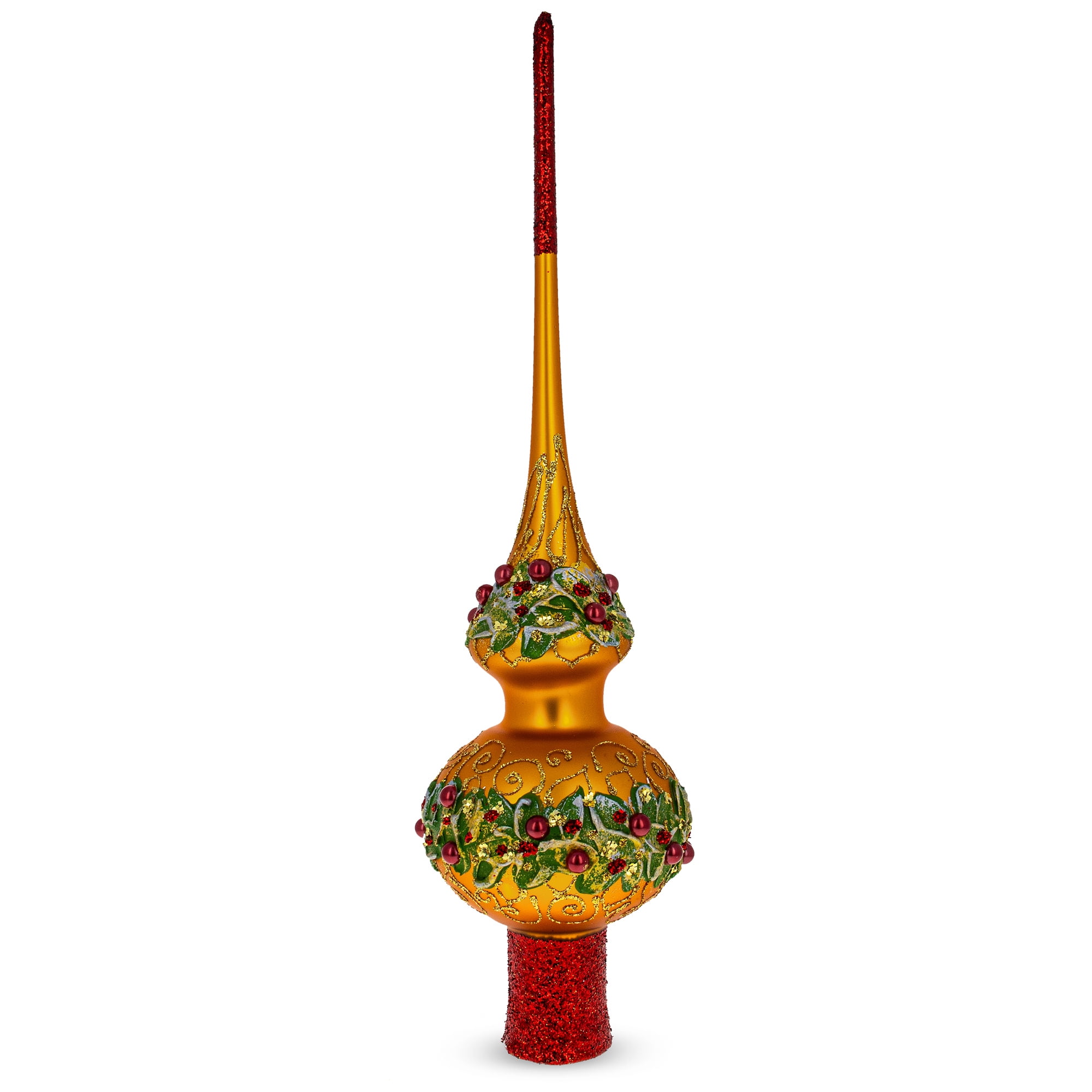 Gold and Red Hand-Painted Glass Christmas Tree Topper 11 Inches