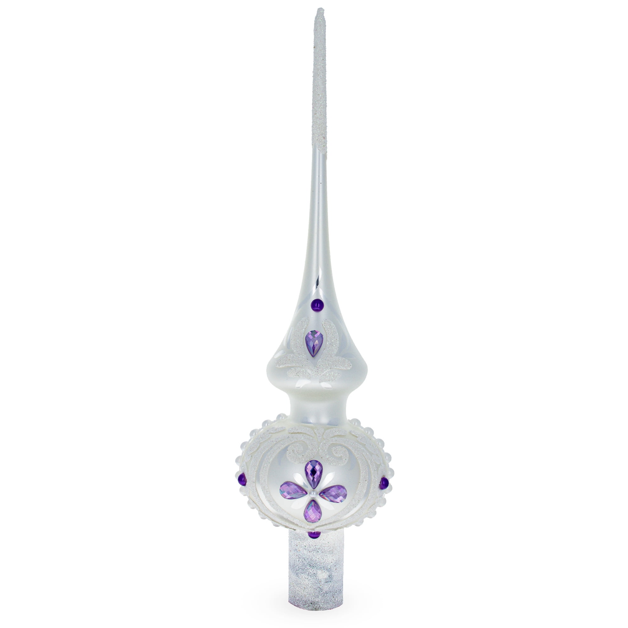 11 Inch White Jewels On Silver Glass Christmas Tree Topper - Mouth-Blown, Hand-Painted, Made In Ukraine