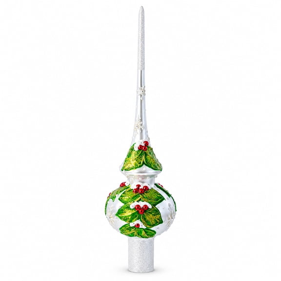 Dimensional Red Berries with Leaves on White Blown Glass Tree Topper
