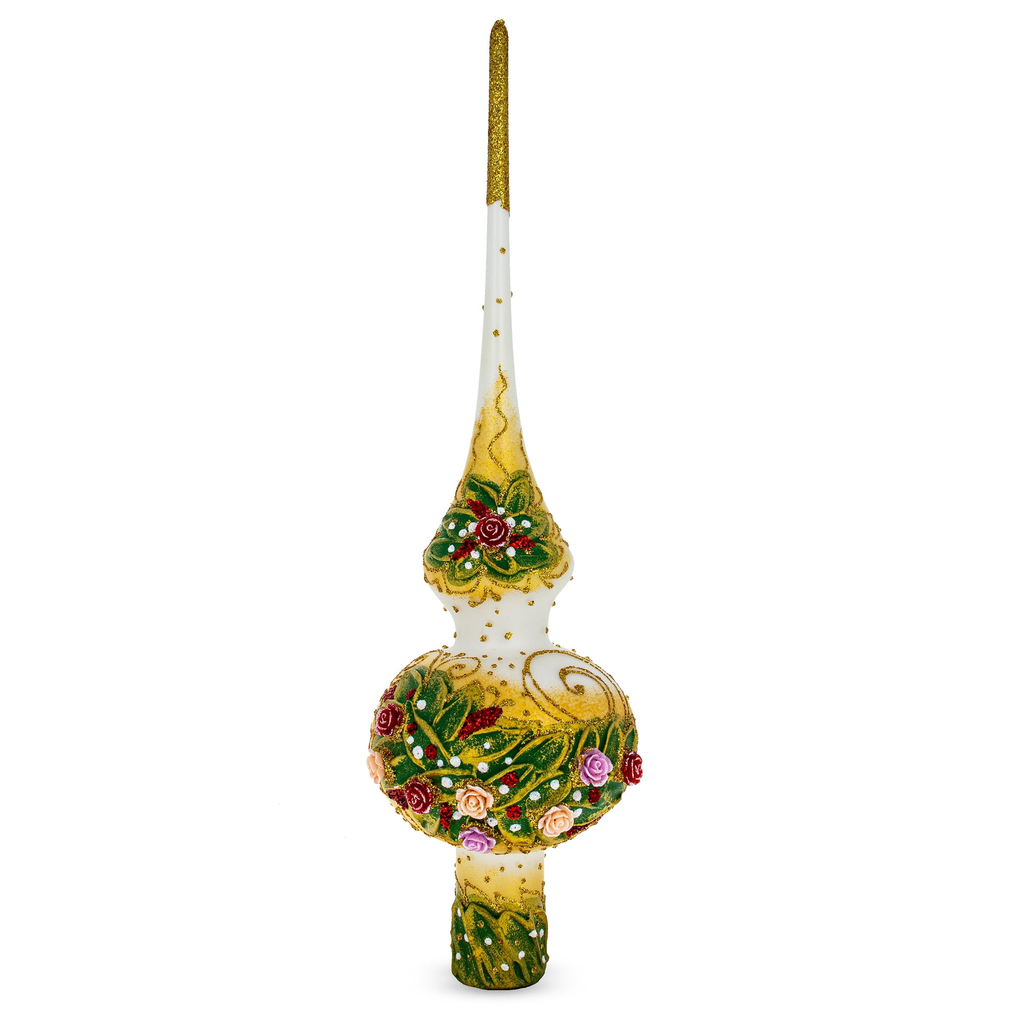 Hand-Painted White and Gold Glass Christmas Tree Topper