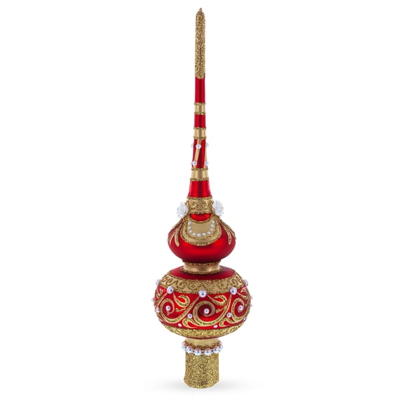 Dimensional Roses Pearls Golden Scroll Mouth Blown Glass Tree Topper