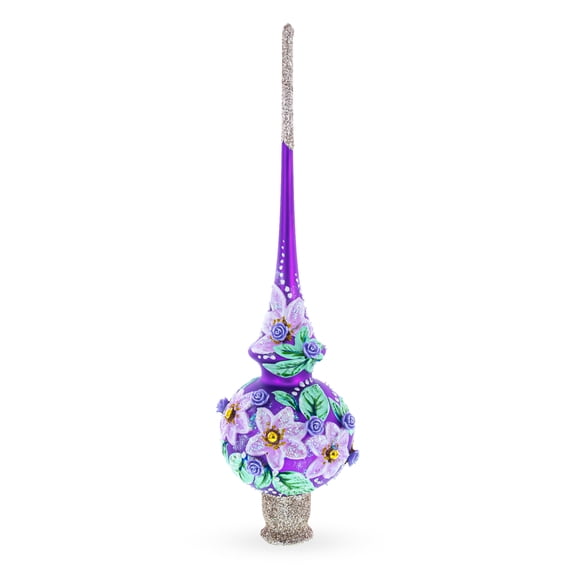 Dimensional Roses on Purple Glass Christmas Tree Topper 11 Inches