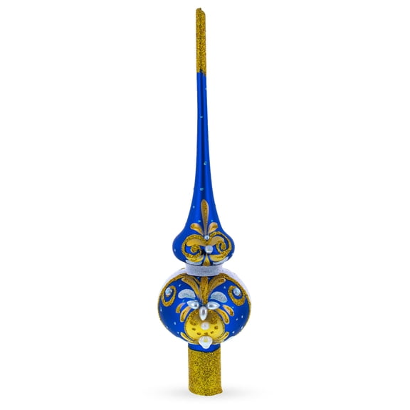 Dimensional White Pearls Golden Leaves on Blue Blown Glass Tree Topper