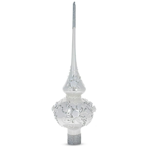 Dimensional White Roses and Pearls on Glossy White Blown Glass Christmas Tree Topper 11 Inches