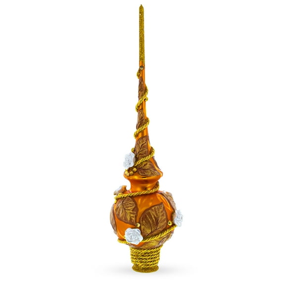 Dimensional White Roses Golden Leaves on Gold Blown Glass Tree Topper