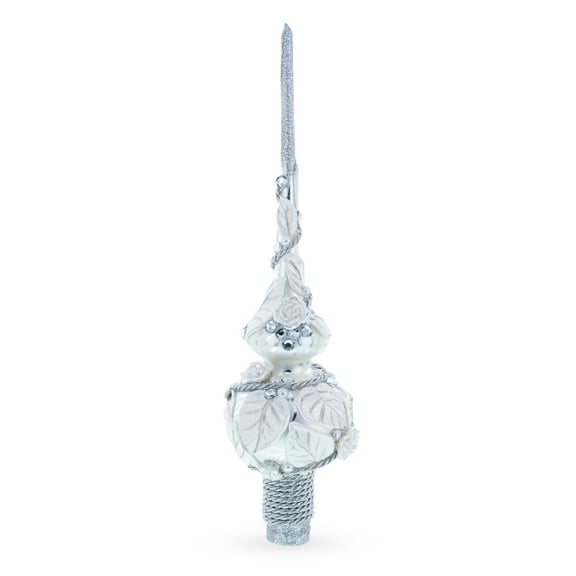White Roses with Leaves on White Glass Christmas Tree Topper 11 Inches