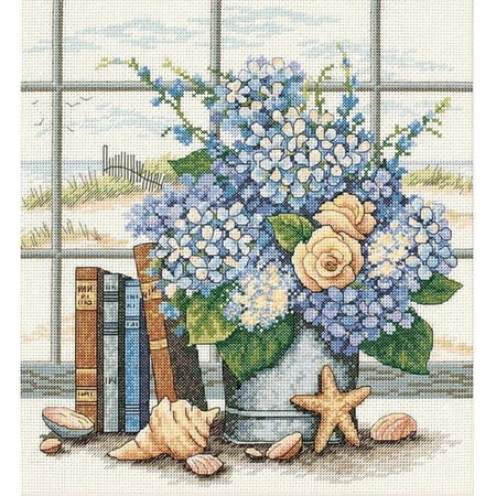 Dimensions 'Hydrangeas and Sea Shells' Counted Cross Stitch Kit, 14 Count White Aida, 11" x 12"