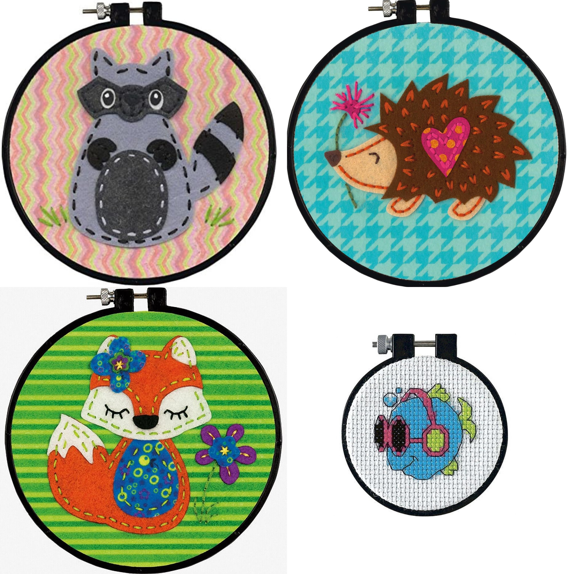 Dimensions Counted Cross Stitch Kits for Beginners 8+ Cool Fish Hedgehog Fox Raccoon Set of 4