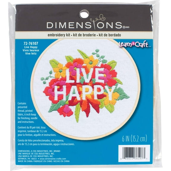 Dimensions 72-76107 Live Happy Needlepoint Embroidery Kit with 6" Bamboo Hoop