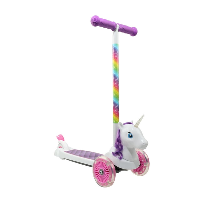 Dimensions Unicorn 3D Scooter with Light Up Wheels, Ages 3+, Max Weight 75lbs, Tilt and Turn Steering, 3-wheel Platform, Foot-Activated Brakes