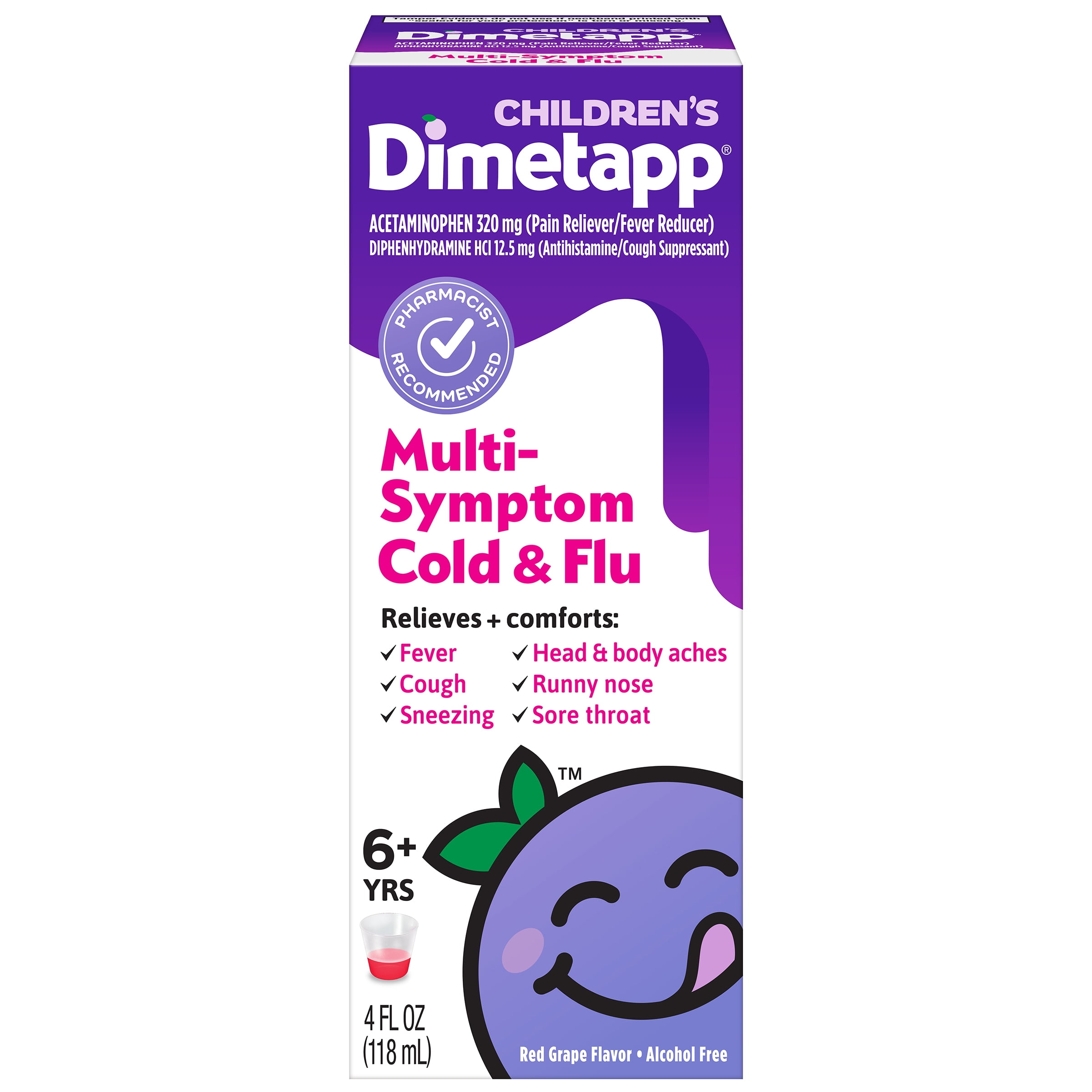 Childrens Dimetapp Multi-Symptom Flu Liquid, Fever, Cough, Cold Relief, 4 fl oz