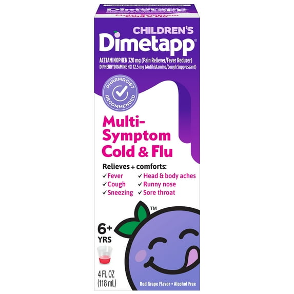 Children’s Dimetapp Multi-Symptom Flu Liquid, Fever, Cough, Cold Relief, 4 fl oz