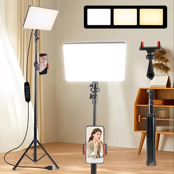 Dimmable 10" LED Video Light Panel with Tripod & Phone Holder, 3-Color Adjustable USB Light for Streaming, Gaming, Photography, Selfies