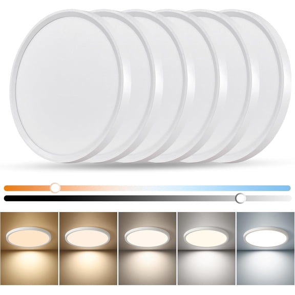 Dimmable 12Inch LED Flush Mount Ceiling Light, 24W, 2520LM, 2700K/3000K/4000K/5000K/6000K CCT Selectable,LED Round Flat Panel Light Dimmable from 5% to 100% for Bedroom,Kitchen,Hallway, White 6PK