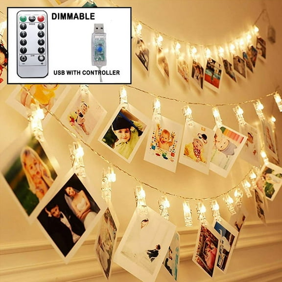 Dimmable 40 LED USB Photo Clips String Lights Holder with Remote, 8 Modes Fairy Lights for Hanging Photos Pictures Cards Memos Decoration Light String (Warm White)