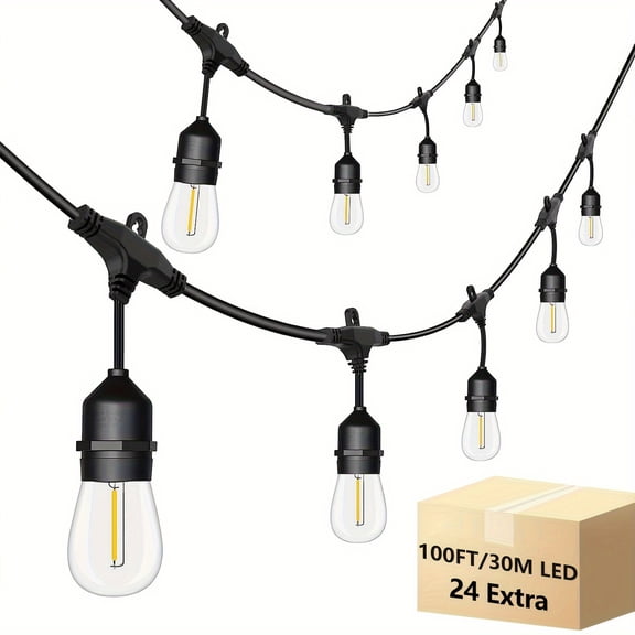 Dimmable 50/100 FT LED String Lights with 12/24 Shatter-proof S14 Edison Bulbs, IP44 Waterproof for Indoor & Outdoor Cafe Restaurant Mall Library Lighting