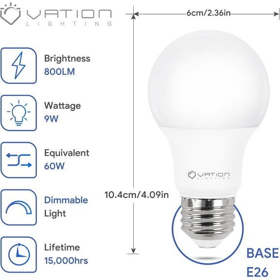 Dimmable A19 LED Light Bulbs 3000K Warm White, 60 Watt Equivalent, Efficient 9 Watt, 800 Lumens, E26 Medium Base, ETL/UL Listed, 12 Pack