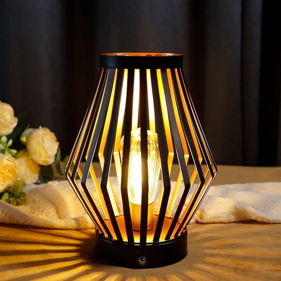 Dimmable Bedside Table Lamp 8.5''H Rechargeable Metal Cage Lantern with LED Edison Style Bulb Cordless Accent Lamp for Weddings Parties Patio Events for Indoors Outdoors