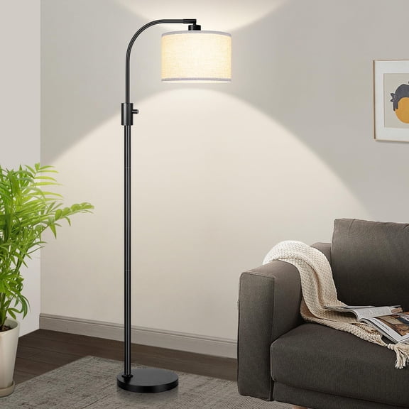 Dimmable Black Floor Lamp, 1200 Lumens LED Edison Bulb Included, Arc Floor Lamp for Living Room Modern Standing Tall Floor Lamps with Linen Shade for Bedroom Office Reading Room Nursery