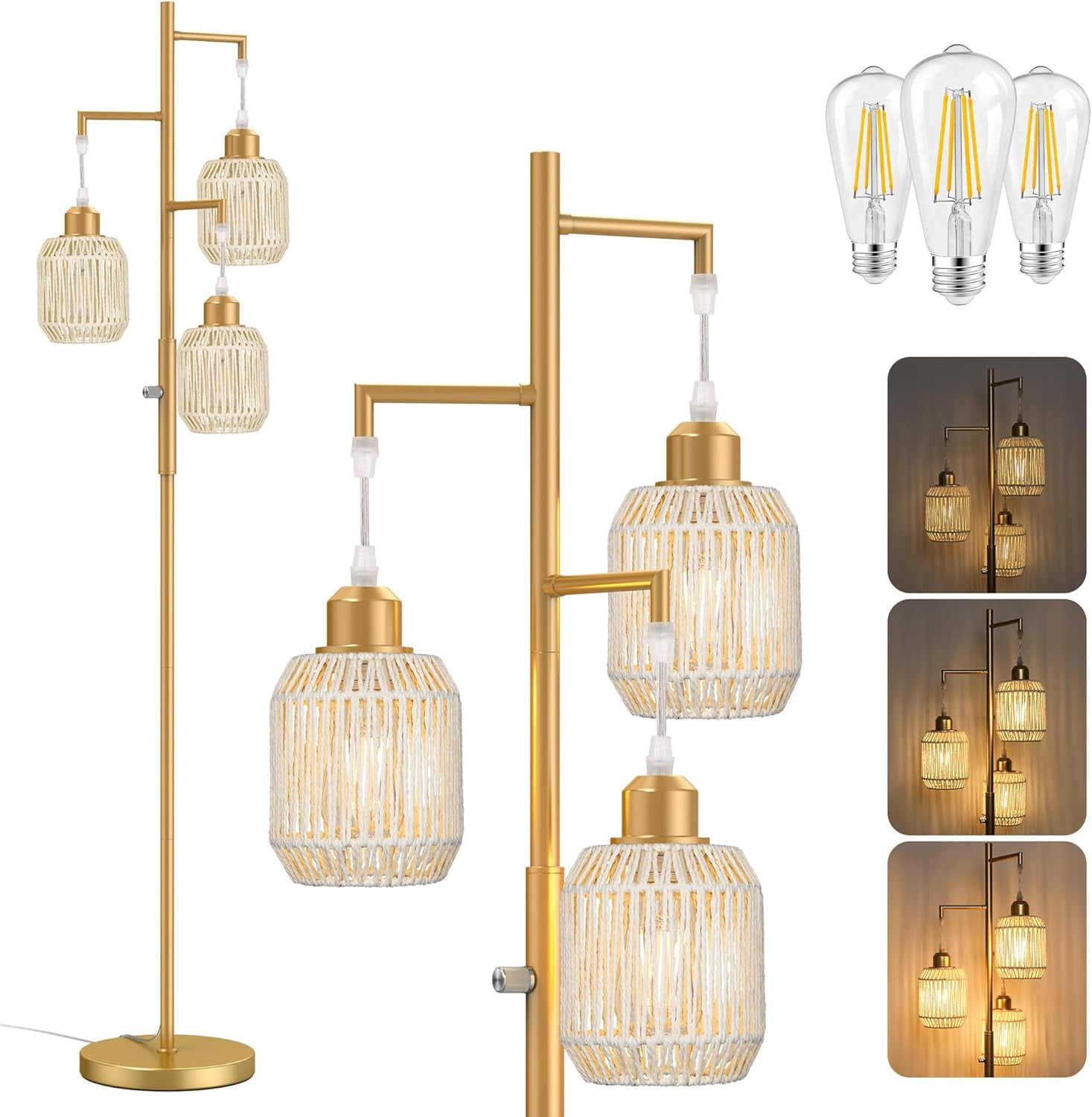 Dimmable Boho Floor Lamp 3 Light Farmhouse Rattan Floor Lamp for