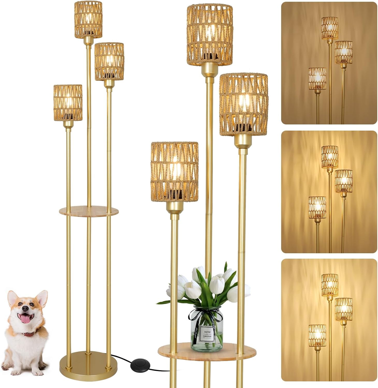 Dimmable Boho Floor Lamps for Living Room, 3Lights Farmhouse Floor
