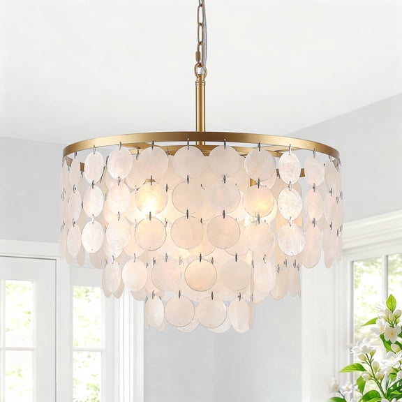 5-Light Dimmable Coastal Capiz Shell Chandelier Fixture, Gold Finish, for Dining Room and Living Room