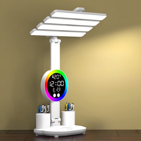 Dimmable Colorful Led Lights, Folding Smart Ambience Desk Lamp, Rechargeable USB Led Display Reading Lamp, Charging Four Head Desk Lamp with Clock, Date, Pen Holders, Temperature