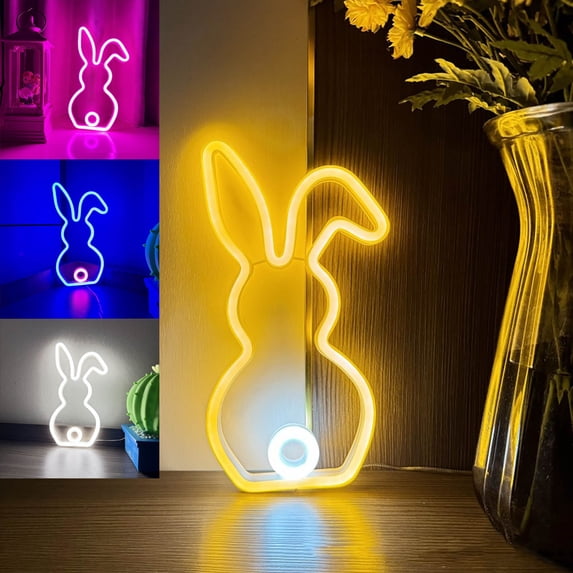 Dimmable Dual-Powered Easter Cute Bunny Tail Neon Night Light LED Neon Lamp USB/Battery Powered Bunny Shape Nightlight for Home Tabletop Mantel Holiday Aesthetic Decor Ambiance Light, 2.5*11in, D