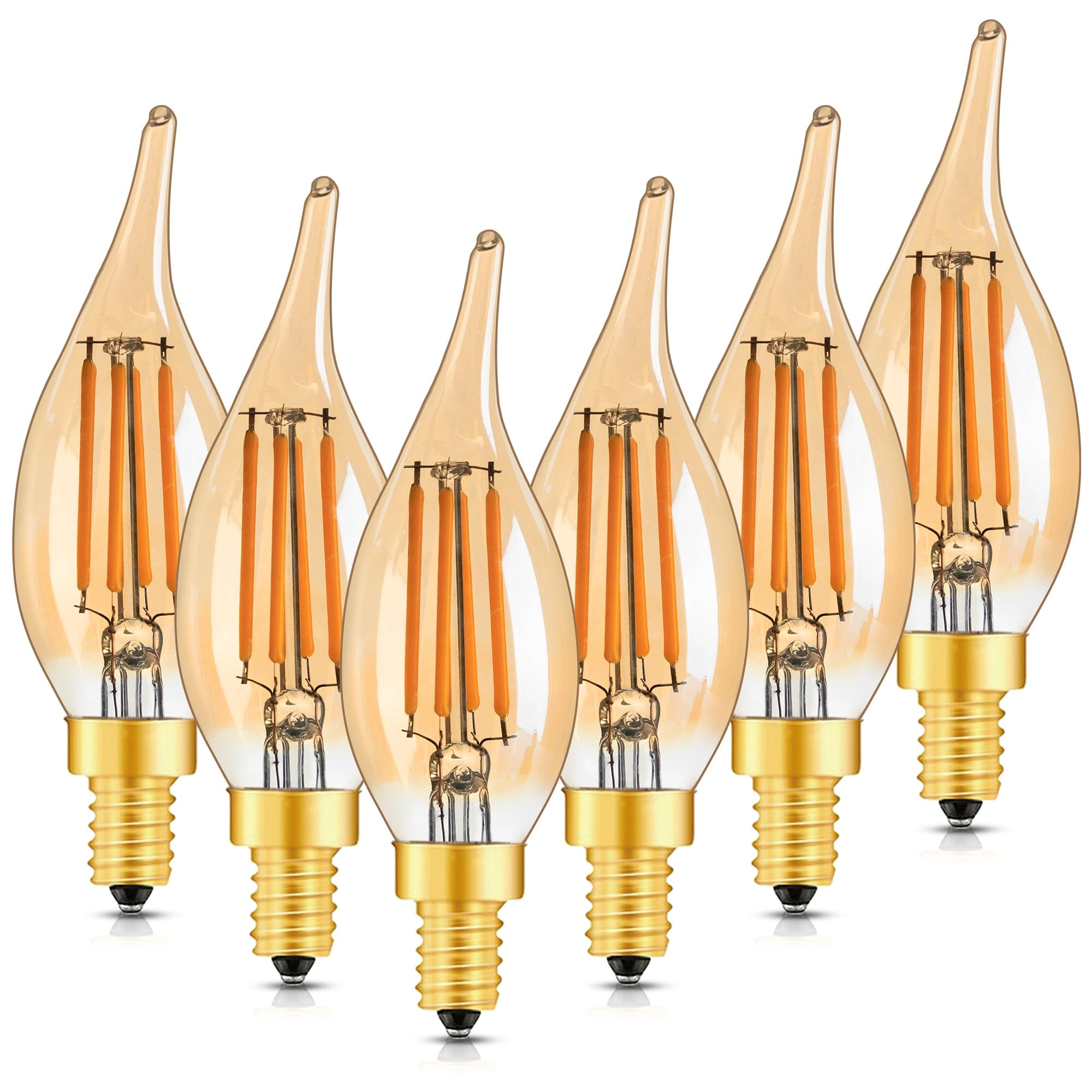 Dimmable E12 Candelabra LED Light Bulbs,C32T 4W Amber Flame Tip Vintage Chandelier Bulbs Equal to 40Watt Incandescent,2200K Warm Yellow CA10 Candle Bulb for Decor Lighting, 550Lumen,6Pack