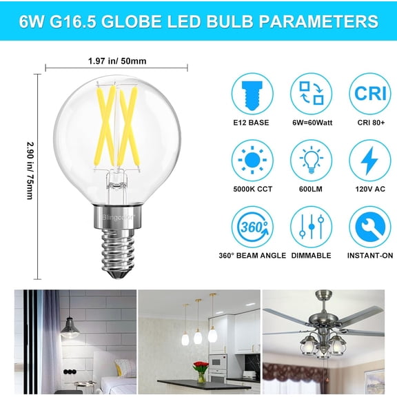 Dimmable E12 LED Bulbs 60 Watt Equivalent, 6 PACK G16.5 Small Globe 6W LED Light Bulbs, Daylight 5000K E12 LED Candelabra Light Bulb 60W for Chandelier, Ceiling Fan, Vanity Lights, 600LM, CRI80+