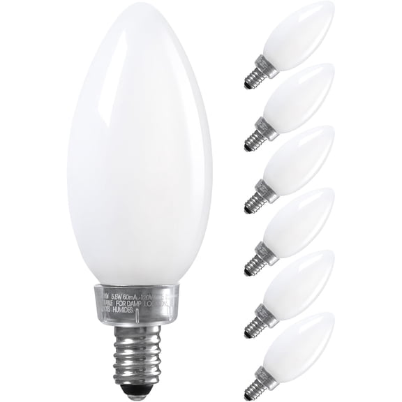 Dimmable E12 LED Candelabra Bulb, UL Listed, 60W Equivalent Chandelier Light Bulbs, 550lm, LED Filament Candle Bulb C11, Frosted Glass Ceiling Fan Light Bulbs, 2700K Soft White, Pack of 6