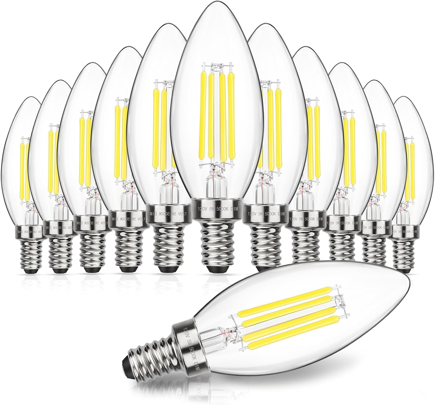 Dimmable E12 LED Candelabra Bulbs 60W Equivalent, Daylight White 5000K, 600LM Chandelier Light Bulb, B11 LED Candle Light Bulbs, 12 Pack