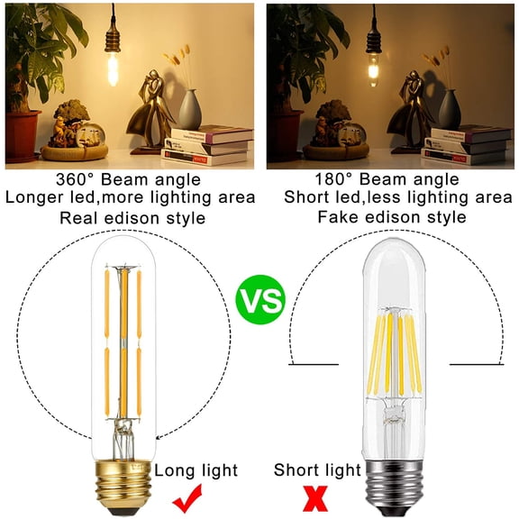 Dimmable E26 Edison Bulb 6W Equal 60 watt Light Bulb AC120V Warm White 2700K Edison Light Bulbs 60 Watt 600LM Tubular T10 led Bulb for Rustic Pendant,Chandeliers,Wall sconces,Vanity 6Pack