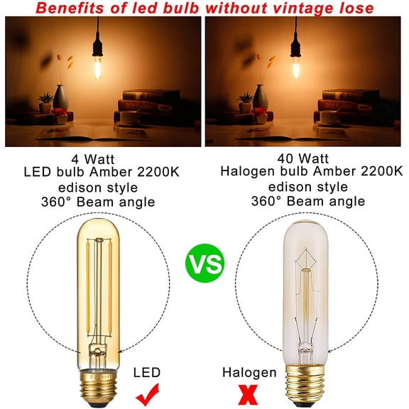 Dimmable E26 LED Bulb 4W Equal Edison Bulb 40 Watt AC120V Tubular Light Bulb Warm White 2200K Amber 250lm T10 LED Bulb for Rustic Pendant,Chandeliers,Wall sconces E26 Light Bulbs 6Pack