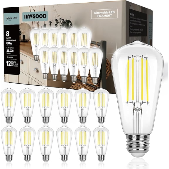 Dimmable Edison Light Bulbs 60W Equivalent, ST58 Vintage LED Light Bulbs, High Brightness 800LM Neutral White 4000K, Antique Decorative Filament LED Bulb, 12-Pack