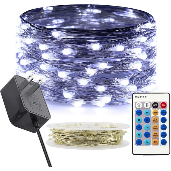 Dimmable Fairy String Lights Plug in 33 Ft 100 LED Silver Wire Firefly Lights with Remote, Cool White