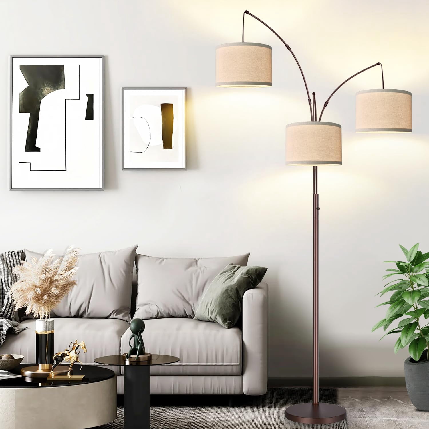 Dimmable Floor Lamp - 3 Lights Arc Lamps For Living Room  1000lm Modern Tall Standing With Beige Shades Mid Century Tree Bedroom Office 3 Led Bulbs Included Brown