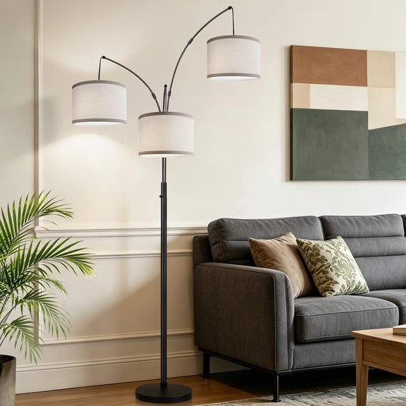 Dimmable Floor Lamp, 3 Lights Black Arc Floor Lamp, Modern Tall Standing Tree Lamp with Grey Linen Shades & Heavy Base, 3000LM LED Bulbs, Bright Lighting for Living Room, Bedroom, Office & Reading